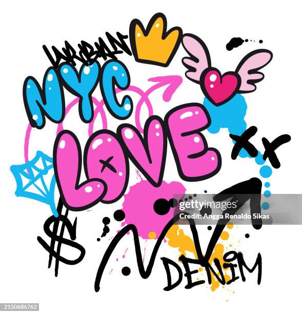 illustrations, cliparts, dessins animés et icônes de art de graffiti coloré funky avec un texte court, des gouttes de peinture en aérosol, des éclaboussures et des symboles pour les t-shirts et les produits imprimés ou à la demande - for sale petite phrase