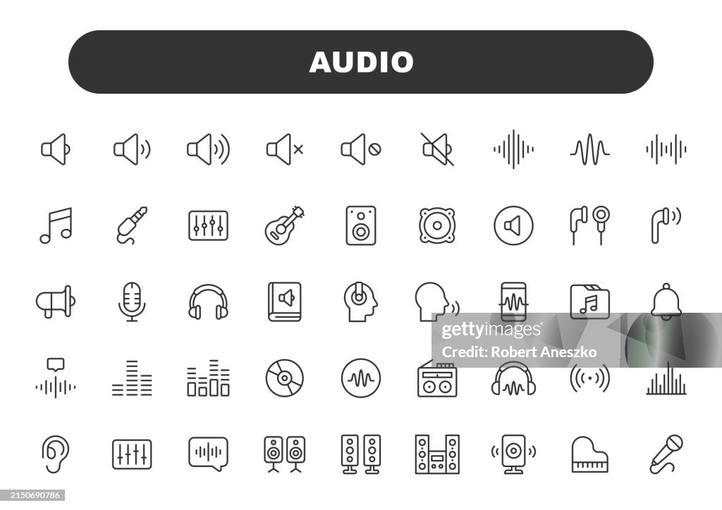 Audio Line Icons. Editable Stroke. Contains such icons as Sound, Volume, Music, Sound Wave, Stereo, Mixer, Speaker, Earphones, Radio, Microphone, Headphones, Speaking.