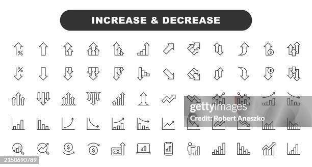 stockillustraties, clipart, cartoons en iconen met increase and decrease line icons. editable stroke, contains such icons as arrow, chart, diagram, finance, direction, graph, growth, interest rate, investment, performance, stock market, data. - groei
