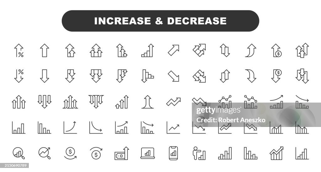 Increase and Decrease Line Icons. Editable Stroke, Contains such icons as Arrow, Chart, Diagram, Finance, Direction, Graph, Growth, Interest Rate, Investment, Performance, Stock Market, Data.