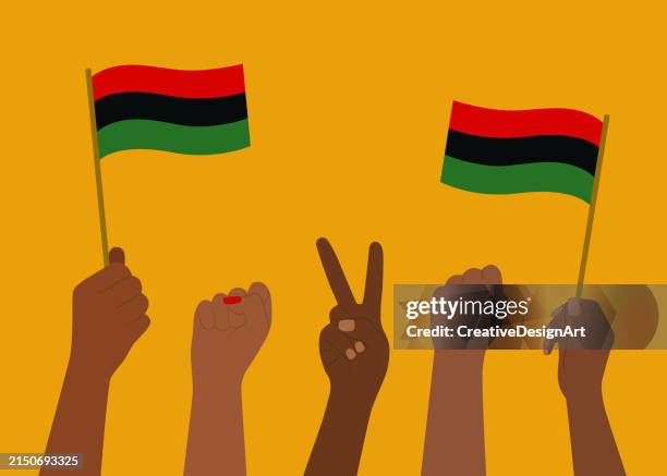 ilustraciones, imágenes clip art, dibujos animados e iconos de stock de concepto del día de la independencia de juneteenth con las manos ondeando la bandera panafricana y los puños levantados. celebración del día de la emancipación y la libertad - puño en alto