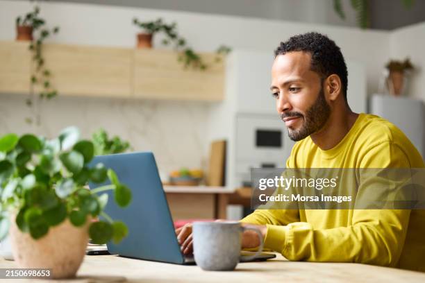 freelancer working on laptop at home - usar el ordenador fotografías e imágenes de stock