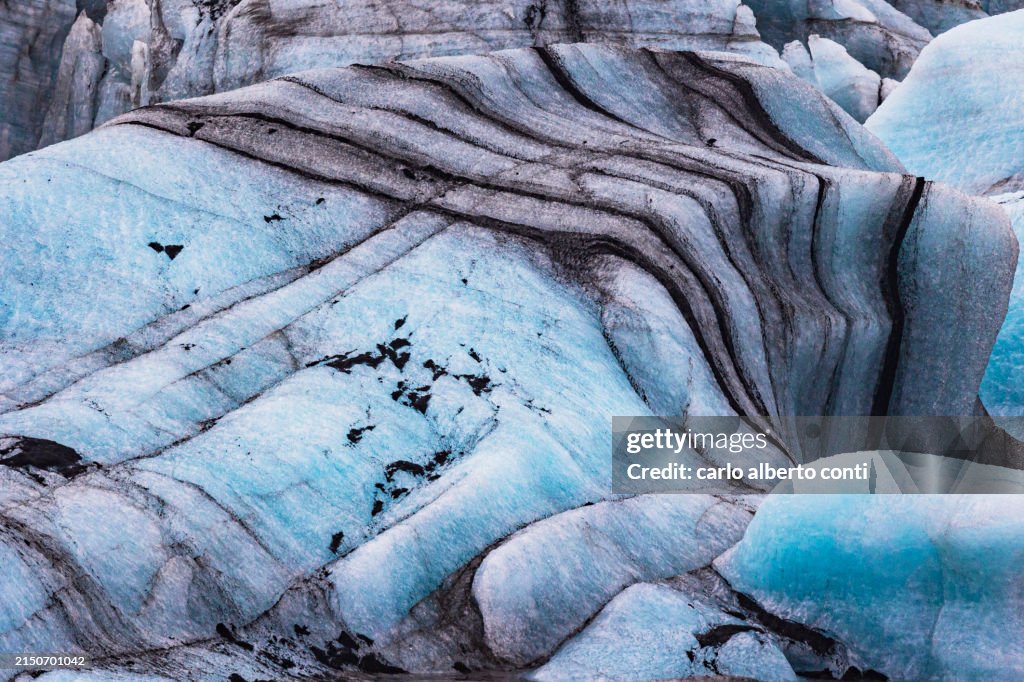 Particular ice textures formed in the Solheimajokull glacier following the slow melting of the ice due to global warming, Iceland, Europe