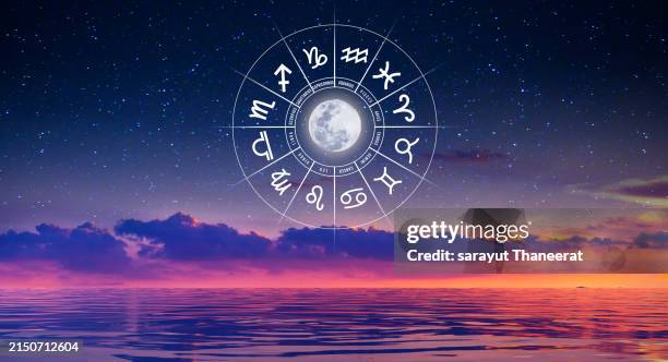 zodiac signs inside of horoscope circle. astrology in the sky with many stars and moons astrology and horoscopes concept - sorte imagens e fotografias de stock