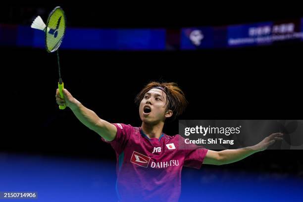 Kodai Naraoka of Japan competes in the Men's Singles Round Robin match against Kai Schaefer of Germany during day three of the Thomas & Uber Cup...