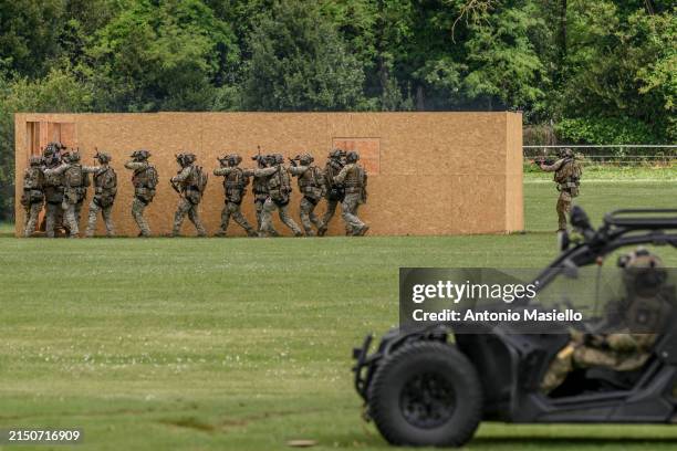 Italian special forces perform during the ceremony to mark the 163rd anniversary of the Italian Army, on May 3, 2024 in Rome, Italy. "In the...