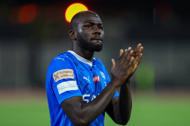 Kalidou Koulibaly of Al Hilal celebrates after winning the Saudi Pro League match between Al-Taawoun and Al-Hilal at King Abdullah Bin Abdulaziz...