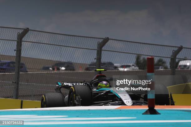 Lewis Hamilton of Mercedes during practice ahead of the Formula 1 Miami Grand Prix at Miami International Autodrome in Miami, United States on May 3,...