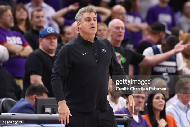 Assistant coach MicahNori of the Minnesota Timberwolves during the second half of game four of the Western Conference First Round Playoffs at...