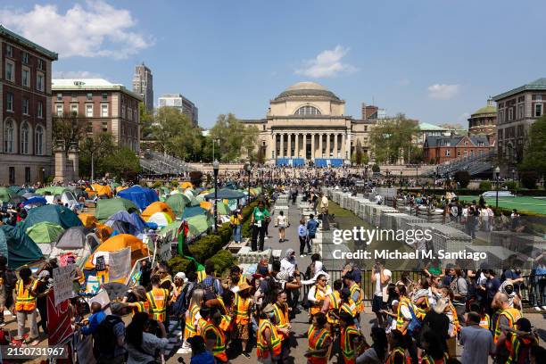 Columbia faculty members protect students in the Pro-Palestinian "Gaza Solidarity Encampment" in the West Lawn of Columbia University on April 29,...
