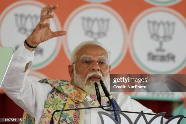 India's Prime Minister Narendra Modi is addressing a public meeting ahead of the Lok Sabha elections at SAI Complex Ground in South Bardhaman...