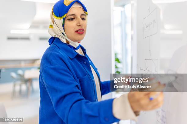 muslim businesswoman writing his ideas on whiteboard - noord afrikaanse etniciteit stockfoto's en -beelden