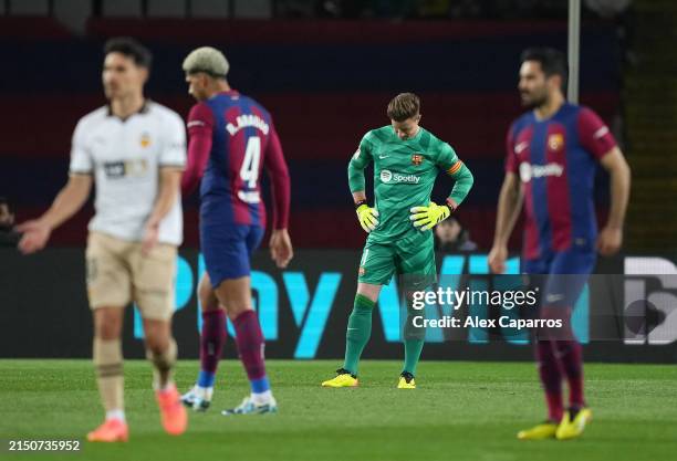 Marc-Andre ter Stegen of FC Barcelona reacts after a mistake which resulted in Hugo Duro of Valencia CF scoring his team's first goal during the...