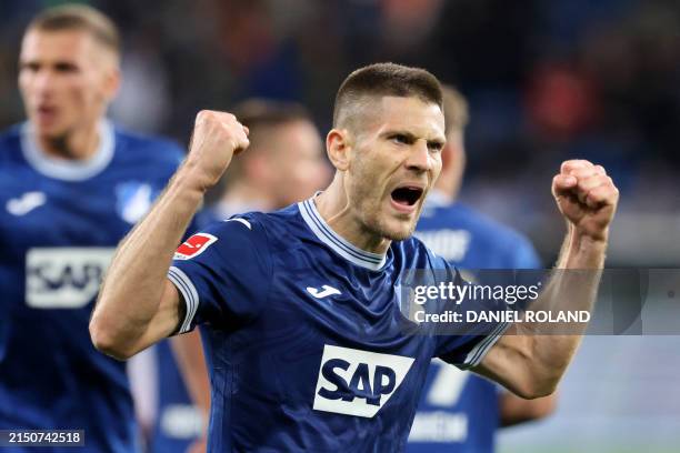 Hoffenheim's Croatian forward Andrej Kramaric celebrates after scoring the 1-1 goal during the German first division Bundesliga football match...