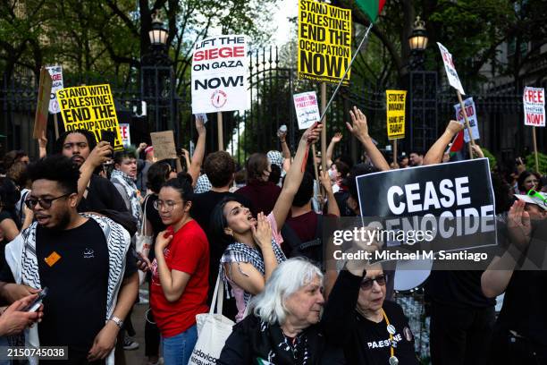 Pro-Palestinian demonstrators hold a protest outside of Columbia University on April 29, 2024 in New York City. Pro-Palestinian demonstrators marched...