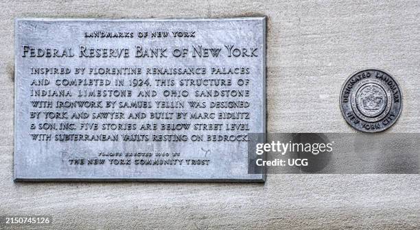 Exterior historical plaque, Federal Reserve Bank of New York, New York City, New York, USA.