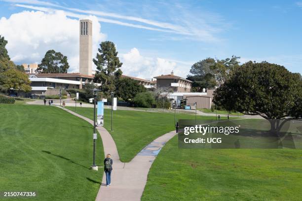 Walkway and Storke Tower on the campus of the University of California at Santa Barbara.