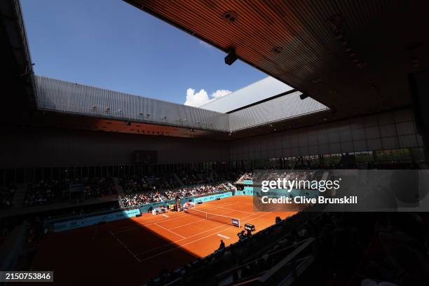 General view of Court Three during day seven of the Mutua Madrid Open against Jelena Ostapenko of Latvia at La Caja Magica on April 29, 2024 in...