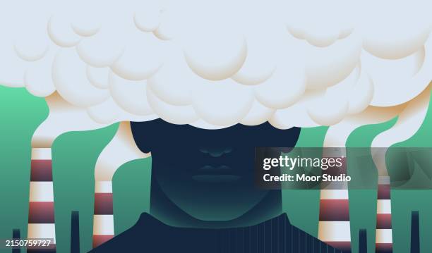 menschlicher kopf vom rauch aus fabrikschornsteinen bedeckt - toxisch soziales konzept stock-grafiken, -clipart, -cartoons und -symbole