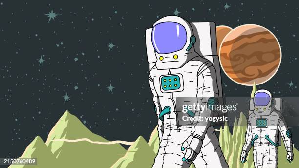 vector two astronauts walking on a new planet stock illustration - jupiter space stock illustrations