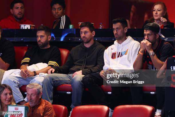 Jordi Alba, Lionel Messi, Sergio Busquets and Luis Suarez of Inter Miami CF attend game four of the Eastern Conference First Round Playoffs between...