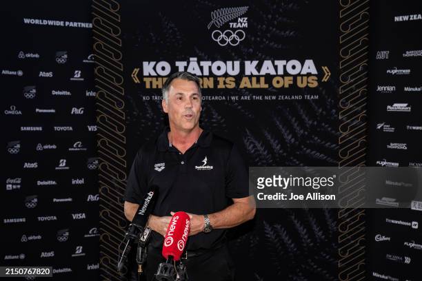 Swimming New Zealand CEO Steve Johns speaks during a Paris 2024 Swimming Selection Announcement at Moana Pools on April 30, 2024 in Dunedin, New...