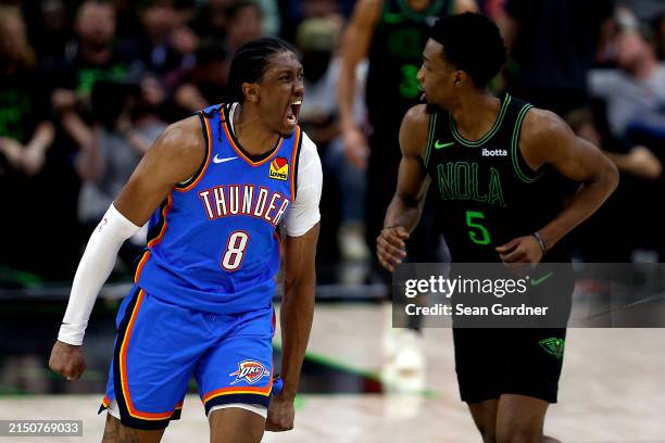 Jalen Williams of the Oklahoma City Thunder reacts after scoring a three-point basket during the fourth quarter in Game Four of the first round of...