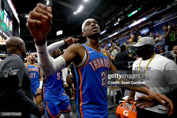 Shai Gilgeous-Alexander of the Oklahoma City Thunder walks off the court after his team defeated the New Orleans Pelicans 97 -89 during Game Four of...