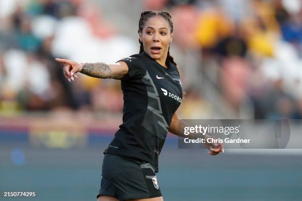 Sydney Leroux of the Angel City FC reacts after scoring a goal against the Utah Royals during the first half of their game at America First Field on...