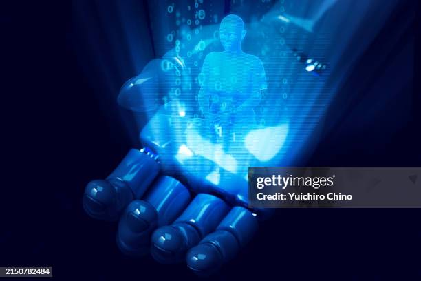 robot hand and hologram person - robot receptionist stock pictures, royalty-free photos & images