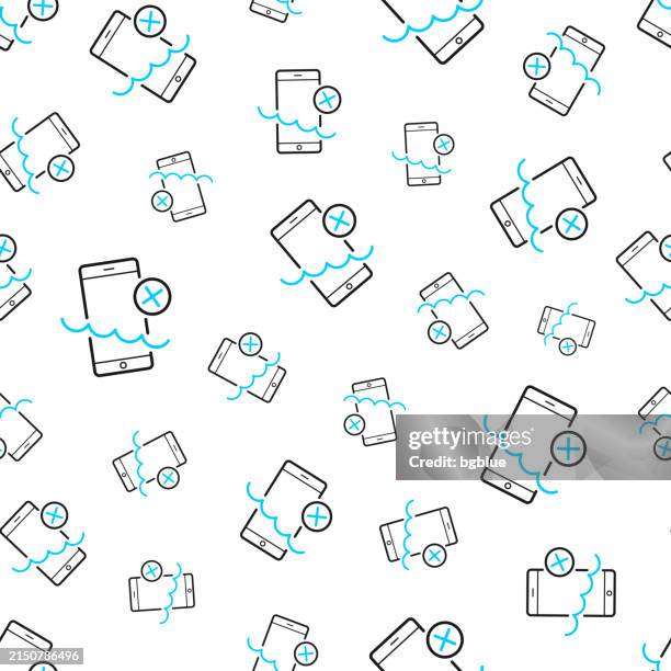 smartphone not waterproof. seamless pattern. line icons on white background - waterproof stock illustrations
