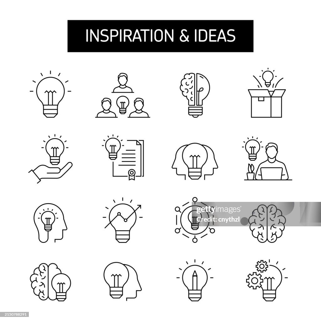 Ideas-Line-Icon-Set. Inspiration, Brainstorming, Kreativität, Lösungen, Vorstellungskraft.