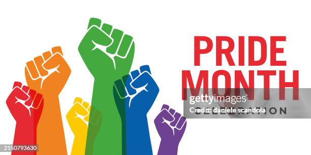 pride-grußkarte mit protestierenden händen. - eroberung fahne stock-grafiken, -clipart, -cartoons und -symbole