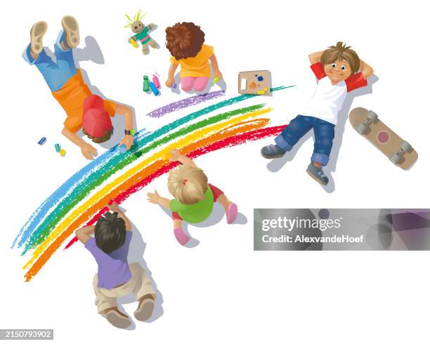 ilustraciones, imágenes clip art, dibujos animados e iconos de stock de niños dibujando un arco iris - escuela preescolar
