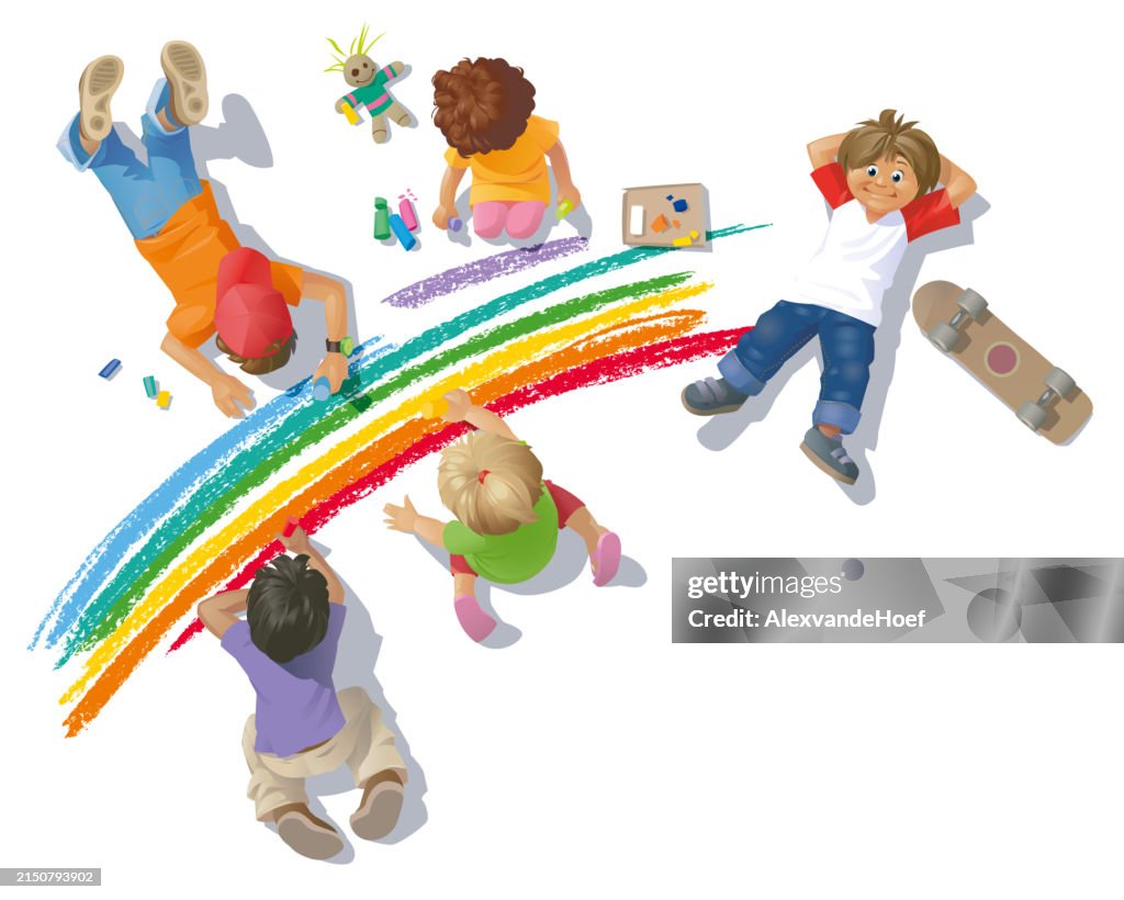 Children drawing a rainbow
