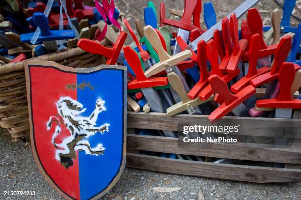 Toy swords are on display during the Benfica Medieval Fair in Lisbon, Portugal, on May 3, 2024. The country is famous for its charming medieval...