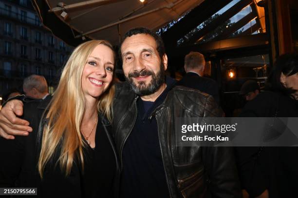 Julie Nicolet and Zinedine Soualem attend '140 ans De Legendes' Les Deux Magots Exhibition Party at Les deux Magots on April 29, 2024 in Paris,...