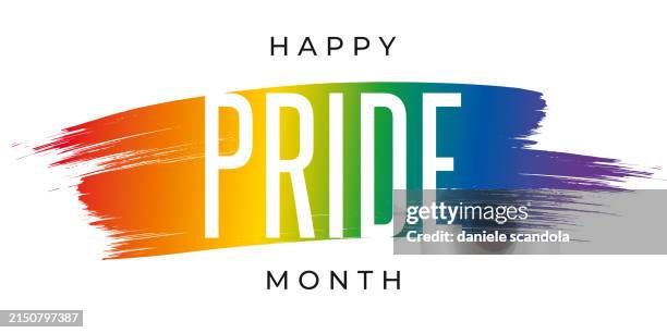 stockillustraties, clipart, cartoons en iconen met lgbtq pride month banner text on colorful rainbow flag paint brush style vector design - gay-pride-symbool