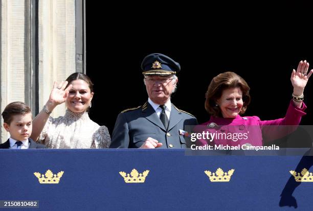 Prince Oscar of Sweden, Victoria, Crown Princess of Sweden, Carl XVI Gustaf, King of Sweden and Queen Silvia of Sweden wave during the celebration of...