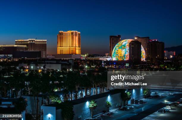 twilight view of las vegas strip - sphere at the venetian resort stock pictures, royalty-free photos & images