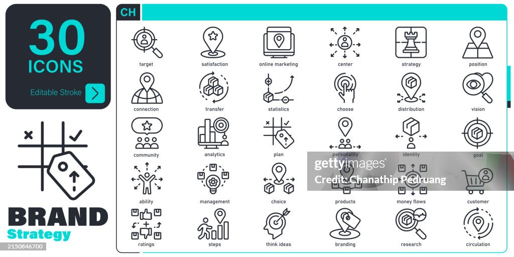 Business plan set. 30 editable stroke vector graphic elements, stock illustration Icon symbol, Business, Analysis, Step, Achievement, Management, Branding