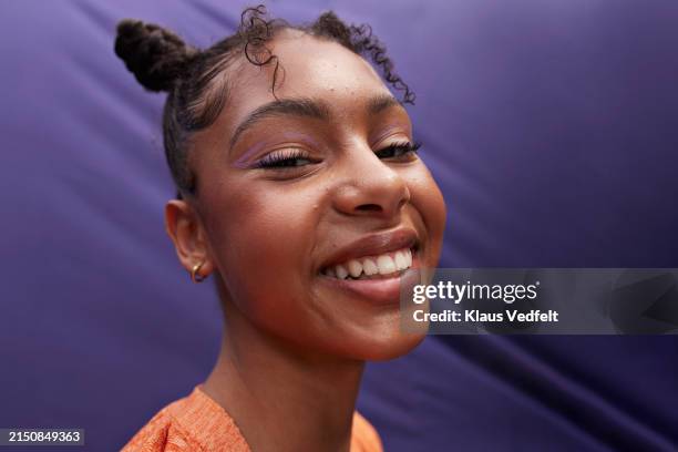 close-up portrait of happy teenage girl - hair cut girl stock pictures, royalty-free photos & images