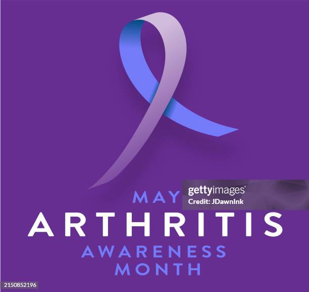 ilustraciones, imágenes clip art, dibujos animados e iconos de stock de mes de concientización sobre la artritis mayo con plantilla de diseño de texto de banner web de cinta púrpura y azul - artritis