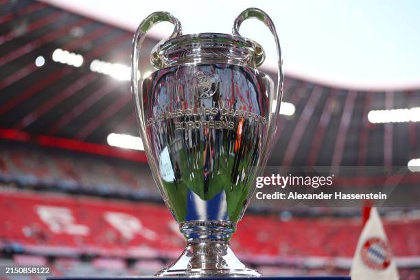 Detailed view of the UEFA Champions League trophy, displayed prior to the UEFA Champions League semi-final first leg match between FC Bayern München...