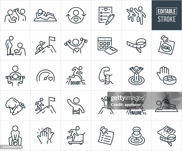 fitness goals thin line icons - editable stroke - obese exercise stock illustrations