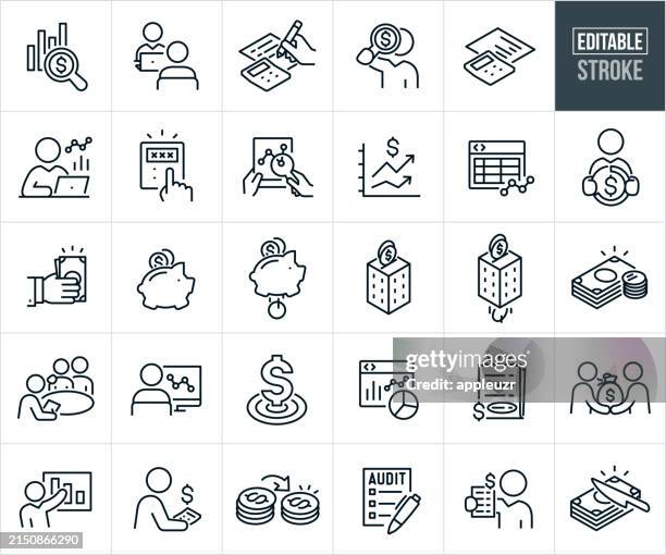 bildbanksillustrationer, clip art samt tecknat material och ikoner med accounting thin line icons - editable stroke - ekonomisk rapport