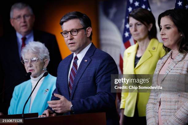 Speaker of the House Mike Johnson leads a news conference with Republican committee chairs, including House Science Committee Chair Frank Lucas ,...