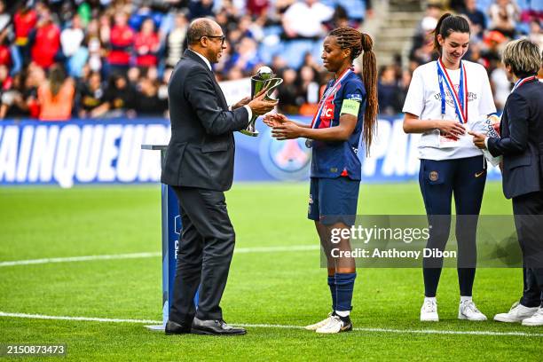 Philippe DIALLO president of FFF give the trophy at Grace GEYORO of PSG after the French Women's Cup Final match between Paris and Fleury at Stade de...