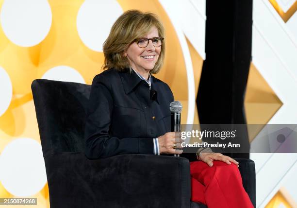 Nancy Meyers speaks onstage during the "North by Northwest" screening during the 2024 TCM Classic Film Festival at TCL Chinese Theatre on April 20,...