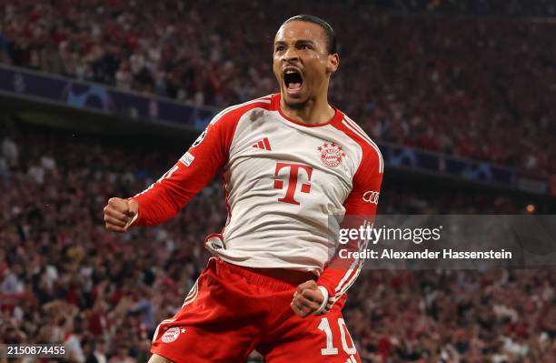 Leroy Sane of Bayern Munich celebrates scoring his team's first goal during the UEFA Champions League semi-final first leg match between FC Bayern...